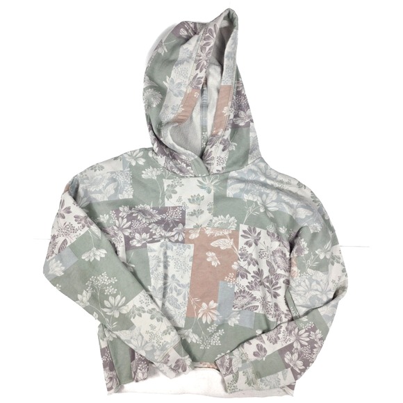 Abercrombie Green Blue Floral Color Block Cropped Hoodie Girl's Size 13/14 - Picture 1 of 4